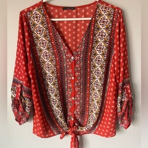 Red Floral Button-Up Blouse